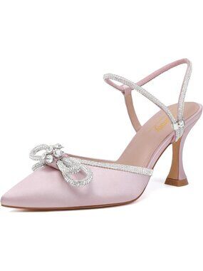 Women's Light Pink Closed Toe Rhinestone Low Slingback Shoes Kitten Heels